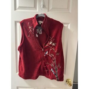 Womens Red Fleece Vest Embroidered Birds Tree Full Zip Collar Warm Size XL